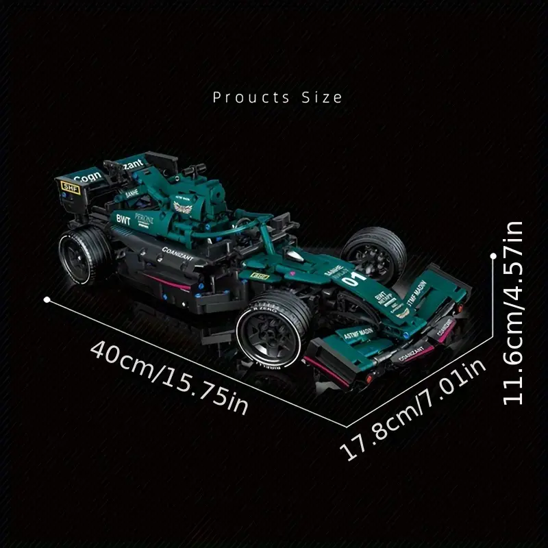 Image shows dimensions of the green race car building block set. 40cm x 17.8cm x 11.6cm