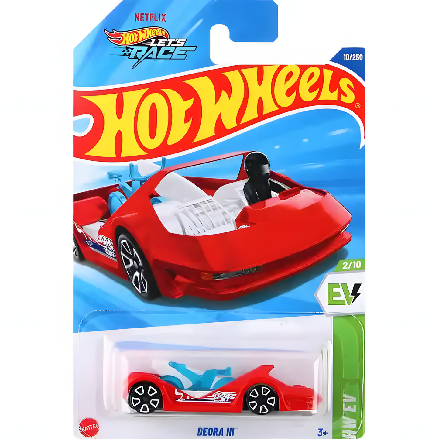 Hot Wheels Let's Race Deora III diecast car, red open-top design with white interior and black driver figure, in packaging.