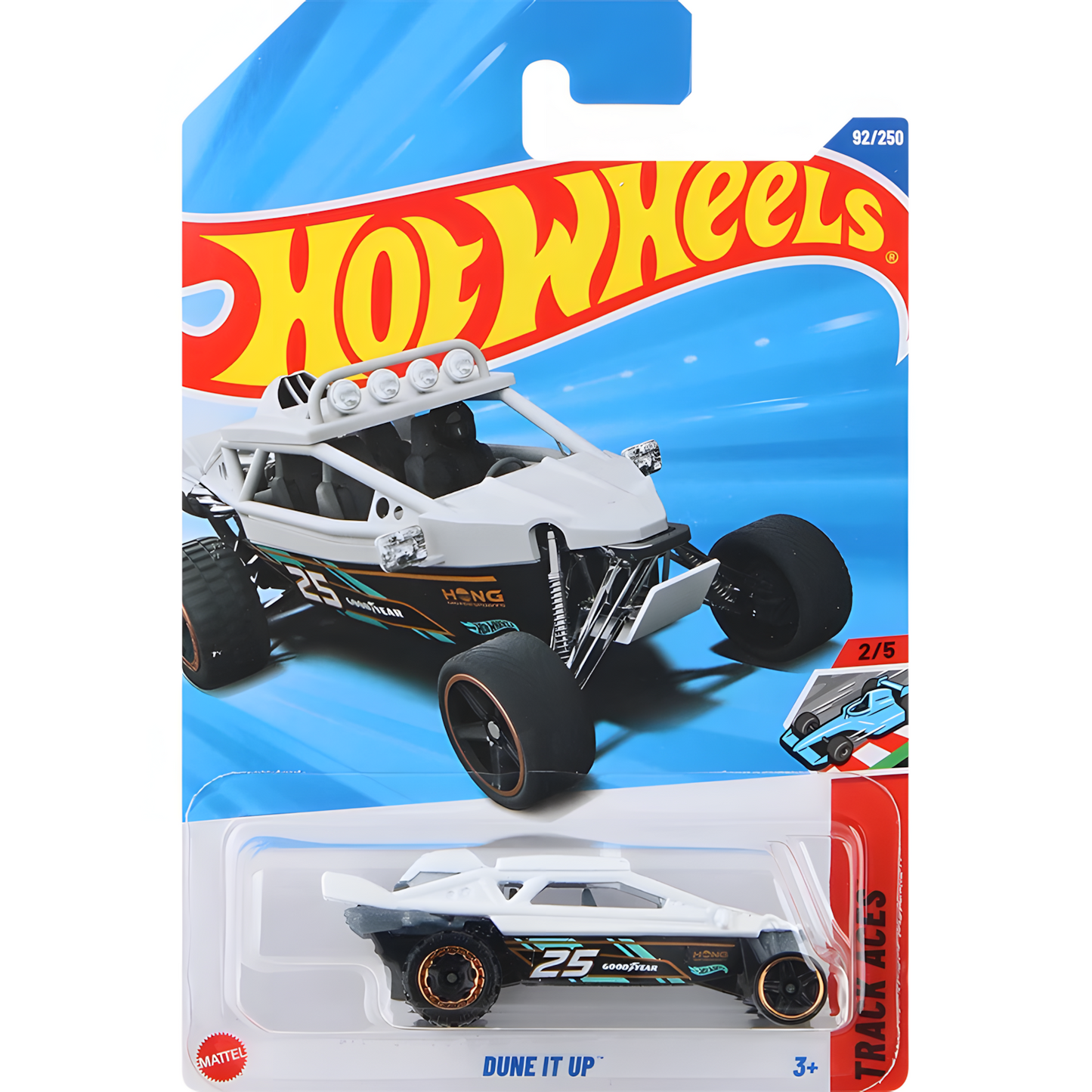 Hot Wheels Dune It Up diecast car, white off-road buggy with black wheels and '25' decal on packaging.