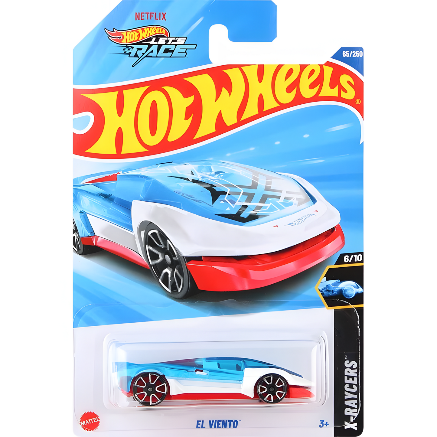 Hot Wheels El Viento die-cast car, blue, white, and red color scheme, in original packaging.