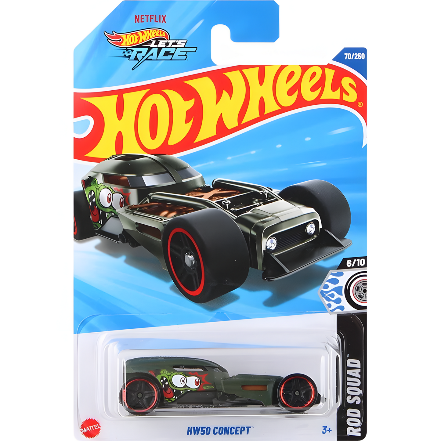 Hot Wheels HW50 Concept diecast car in packaging. Green vehicle with monster graphic. Rod Squad series.