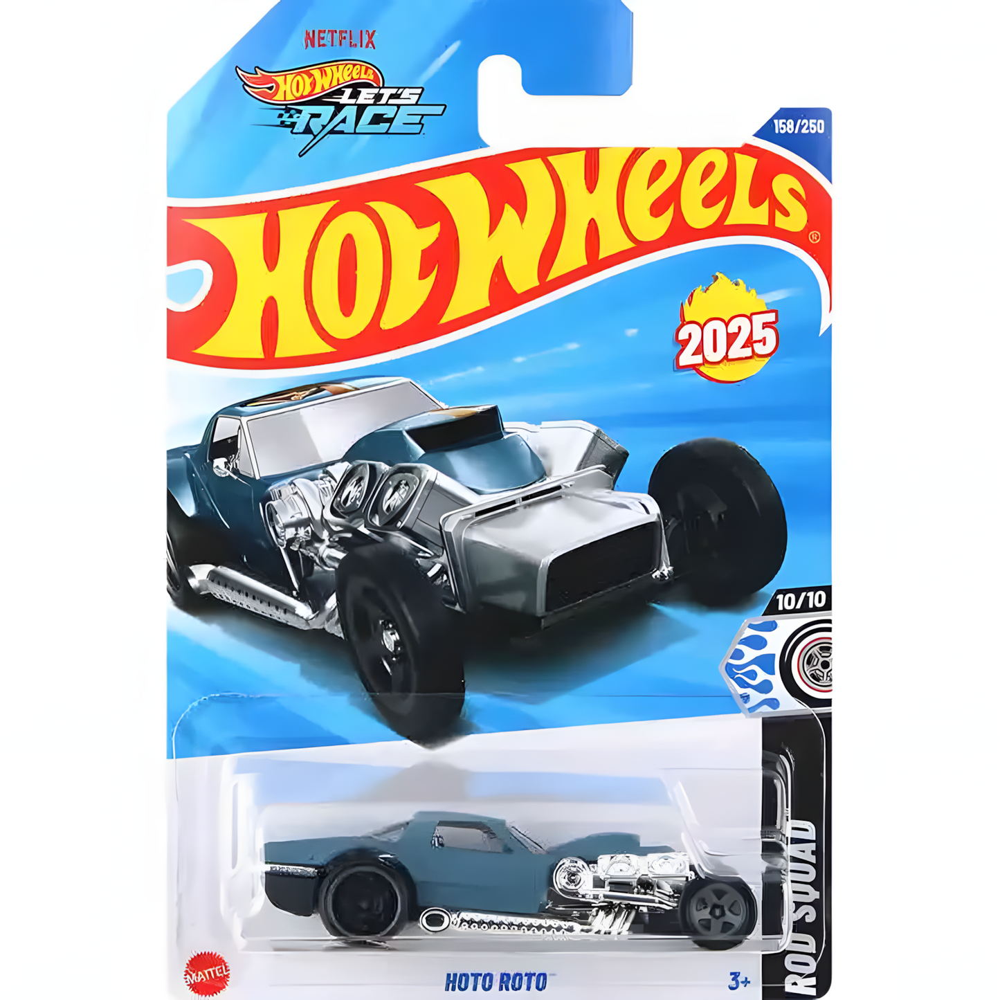 Hot Wheels Hoto Roto die-cast car (2025 edition) on card. Chrome engine, exposed exhaust pipes. Collectible toy car.