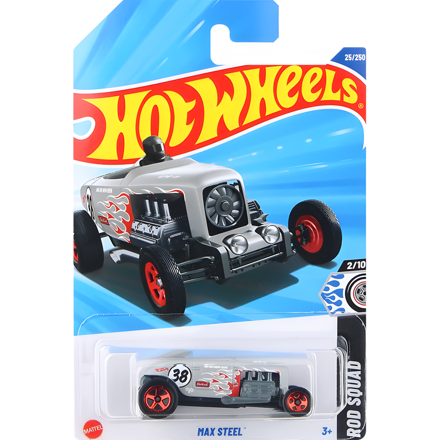Hot Wheels Max Steel Rod Squad die-cast car, silver with red flames and red wheels.