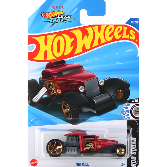 Hot Wheels Mid Mill die-cast car, red with chrome engine detail. Packaged.