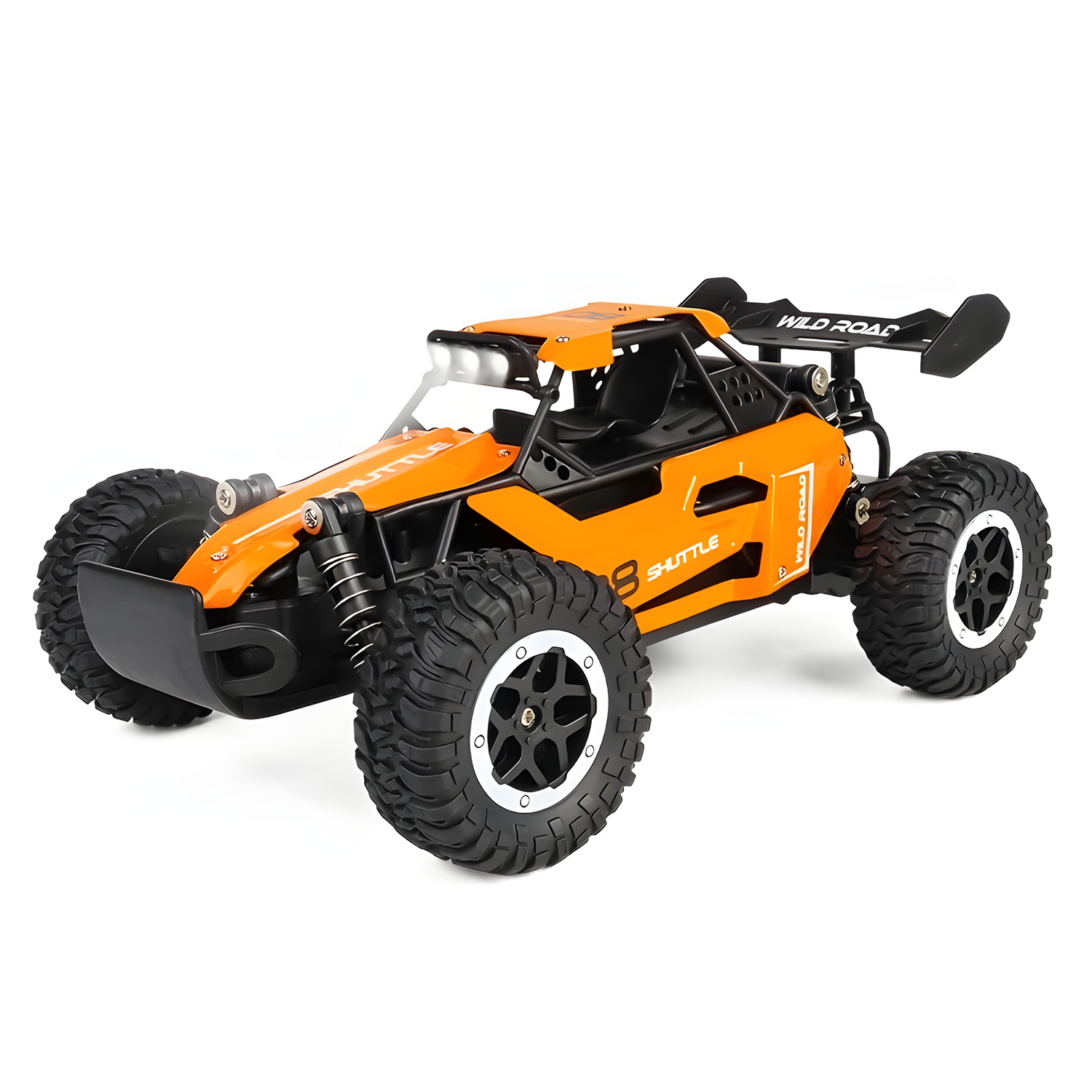 Orange Wild Road Shuttle RC buggy with oversized tires and rear spoiler.