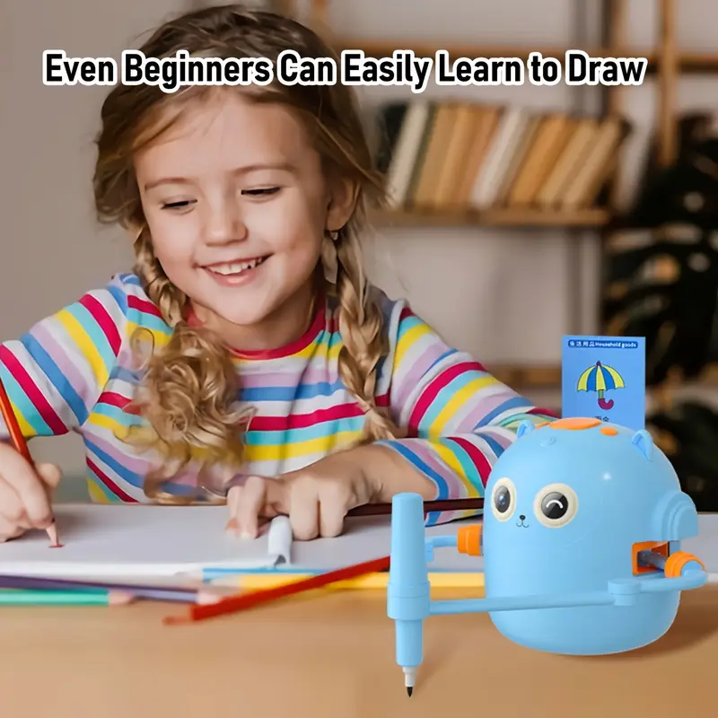Child using a blue robot drawing toy with colorful pencils on a table, promoting easy drawing for beginners.