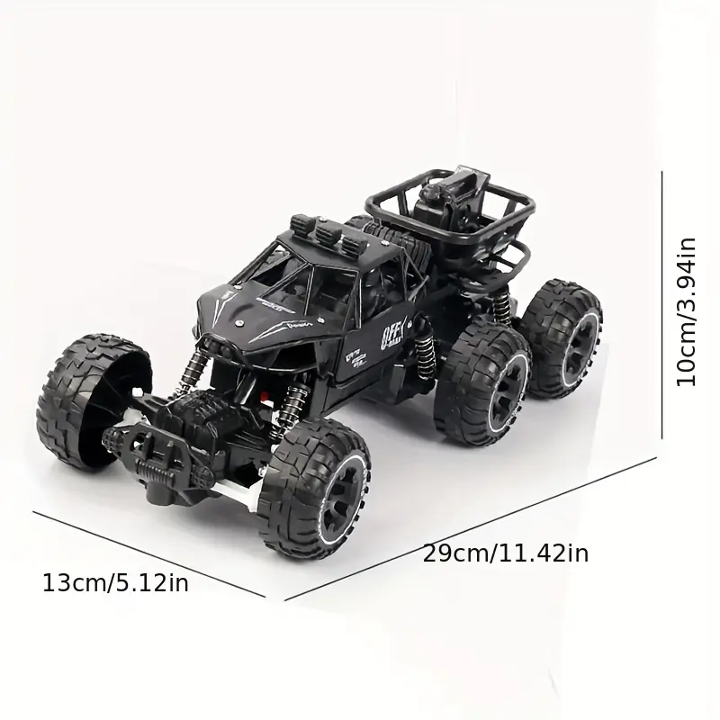 Black six-wheeled off-road RC crawler toy car with detailed dimensions.