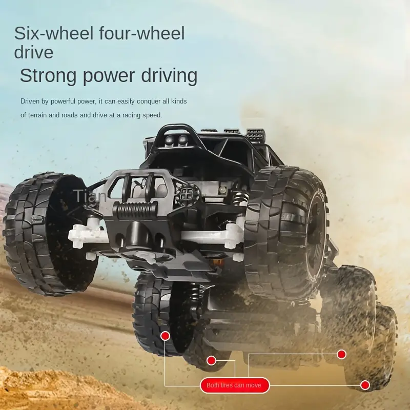 Black six-wheel drive RC monster truck shown on a dirt surface, highlighting the tires.