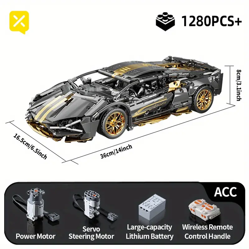 1280-piece black and gold Lamborghini toy car building set with power motor, steering motor, battery and remote.