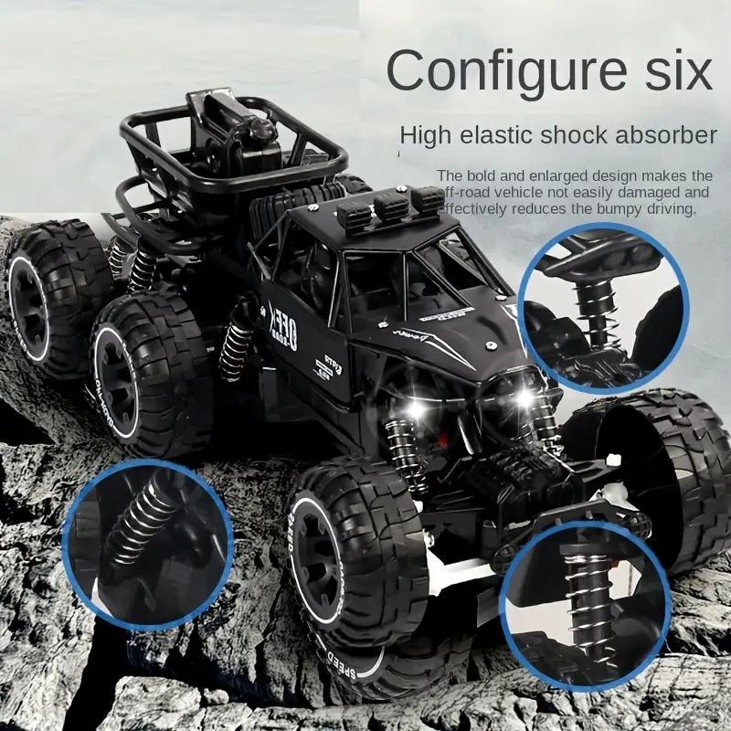 Black RC off-road crawler with detailed shock absorbers. A rugged toy for adventurous play.