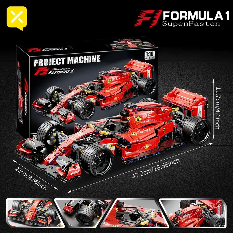 Red Formula 1 SuperFasten model car, a building block set in 1:10 scale, showcasing racing details.