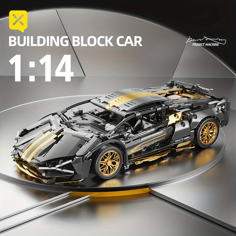 1:14 scale black and gold building block car, a detailed construction toy for hobbyists and car enthusiasts.