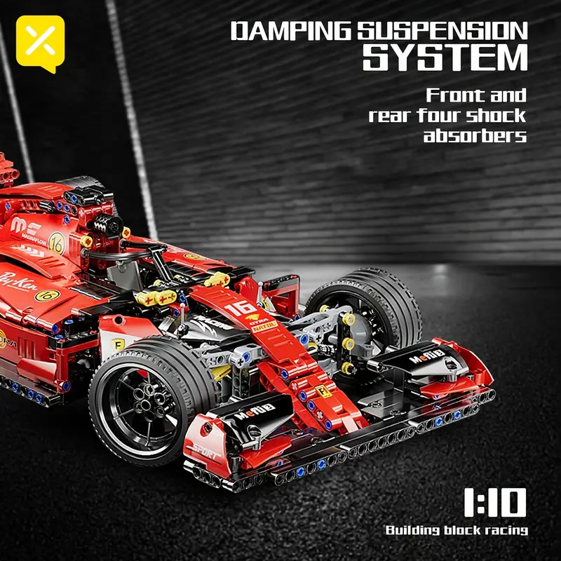 Red building block racing car model with visible suspension system and detailed construction, scale 1:10.