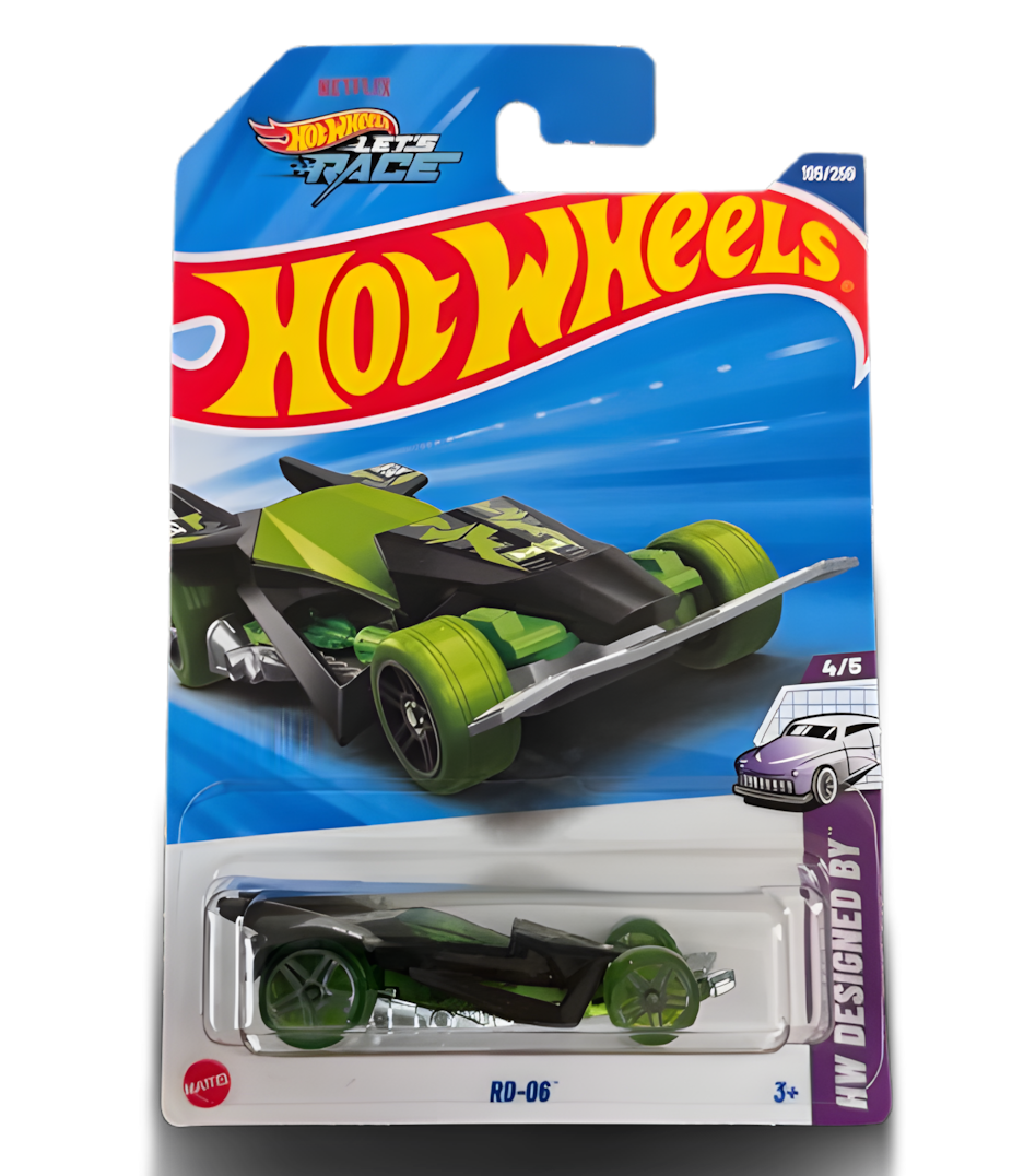 Hot Wheels RD-06 die-cast car, black and green race car in packaging.