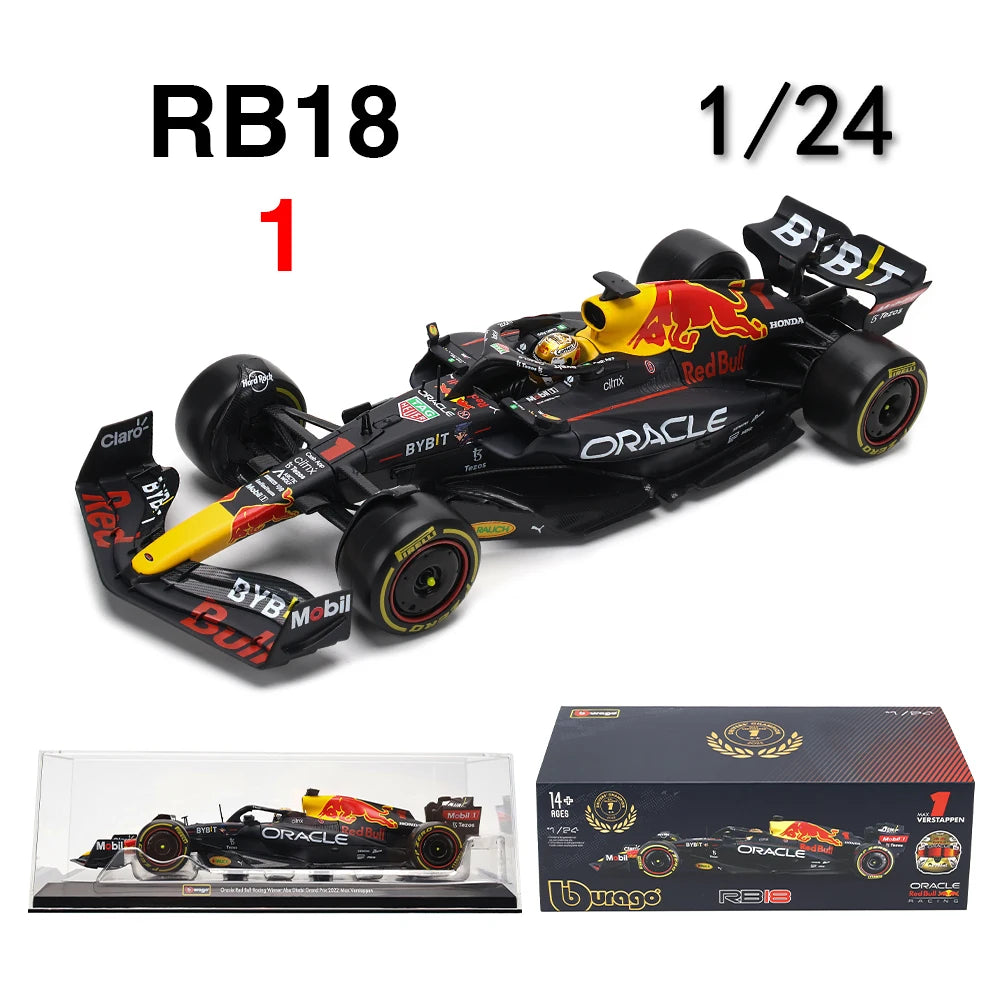 Burago 1/24 scale RB18 #1 Max Verstappen Red Bull Racing Formula 1 car replica. Includes display case and box.