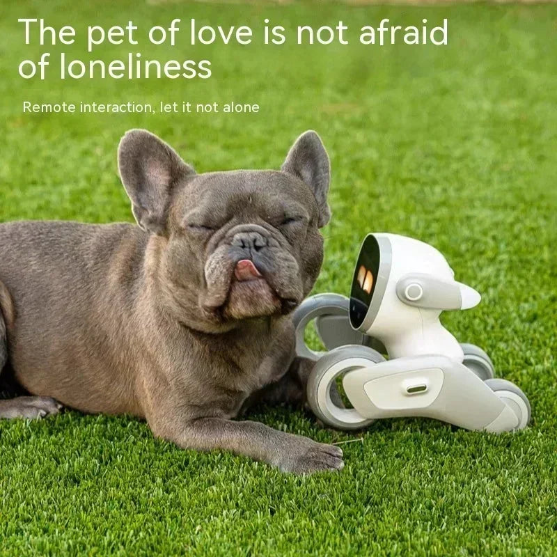 Blue French Bulldog rests next to a white robot dog toy on green grass. Robot has a digital display for a face.