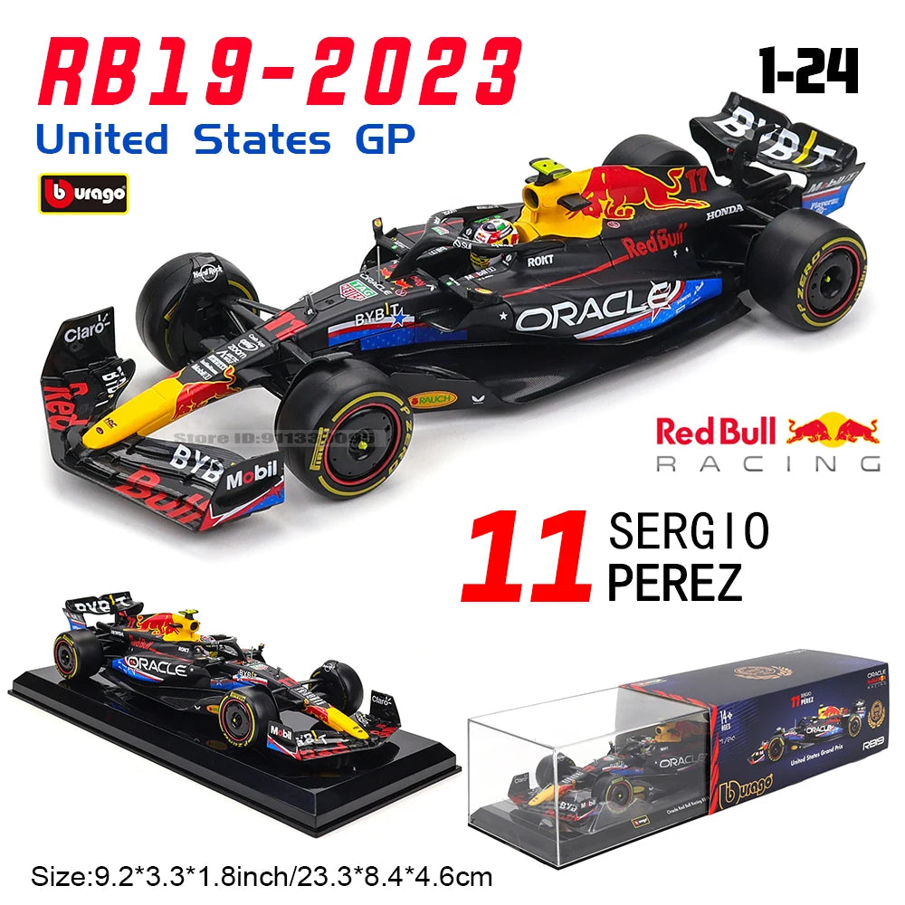 Red Bull Racing RB19-2023 Sergio Perez #11 1:24 scale model race car, United States GP edition by Bburago.