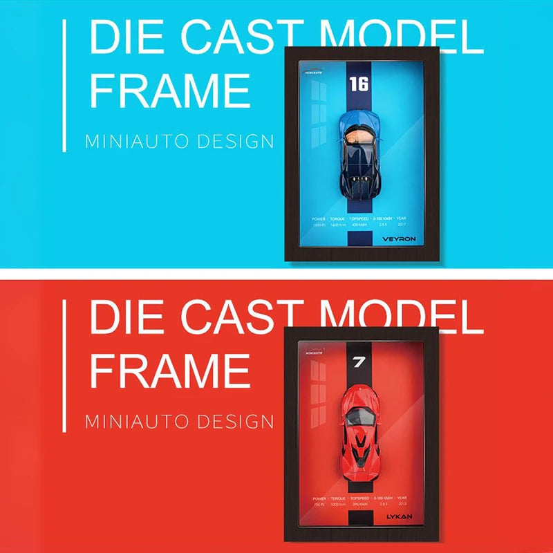 Miniauto Design: Framed die-cast models of Veyron (blue, #16) and Lykan (red, #7) supercars.