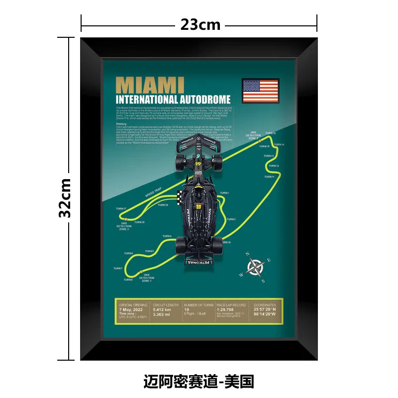 Framed Miami International Autodrome track map with race car and circuit details.
