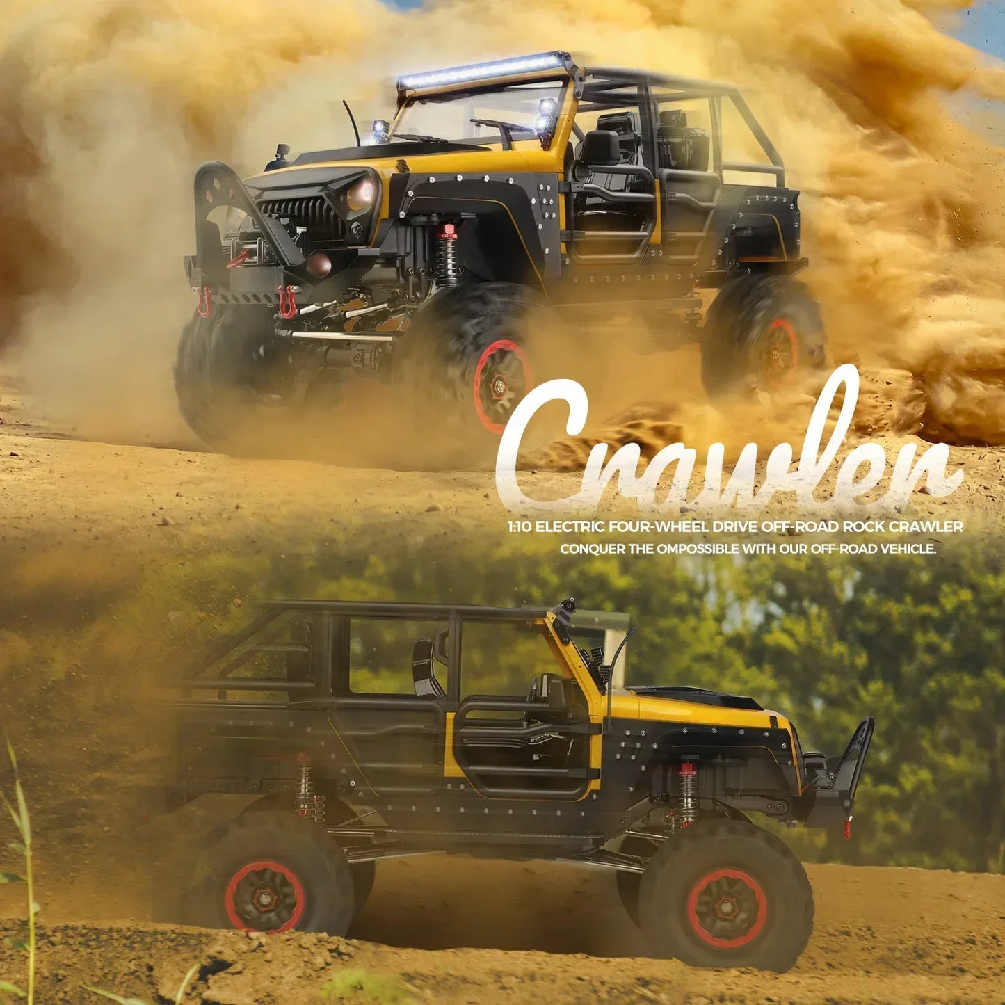 Yellow and black 1:10 scale electric 4-wheel drive off-road rock crawler in action, conquering tough terrain.