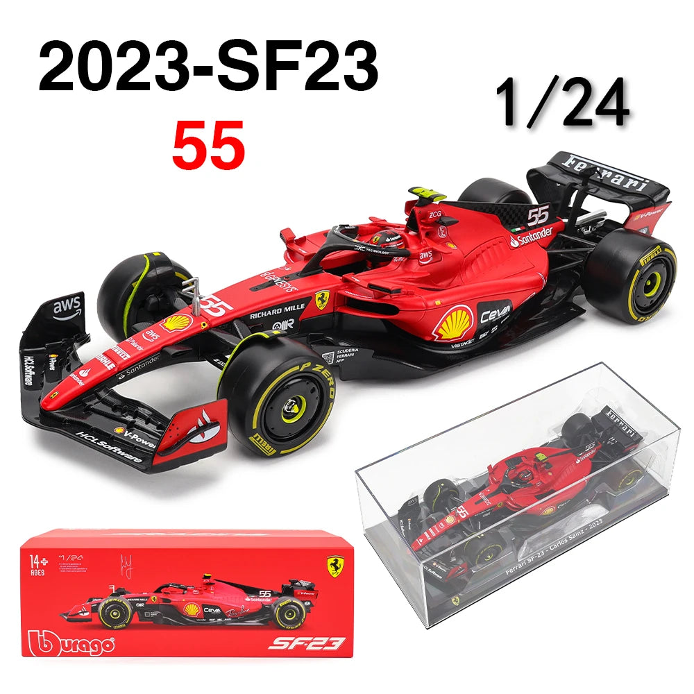 Bburago 1/24 scale Ferrari SF23 #55 Carlos Sainz 2023 F1 race car model with display case.