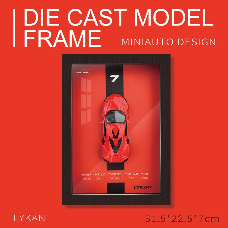 Framed Lykan diecast model car. Red sports car with specs: 750 PS, 1000 Nm torque, 395 km/h top speed, 2013 year.