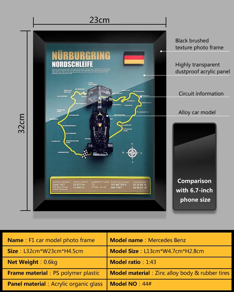 F1 car model photo frame featuring Nürburgring circuit, Mercedes Benz model car, black frame, and acrylic panel. Dimensions: 32x23x4.5cm.