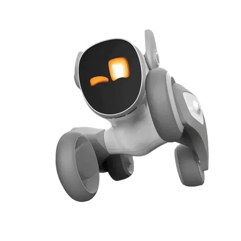 Gray interactive robot dog toy with digital face.