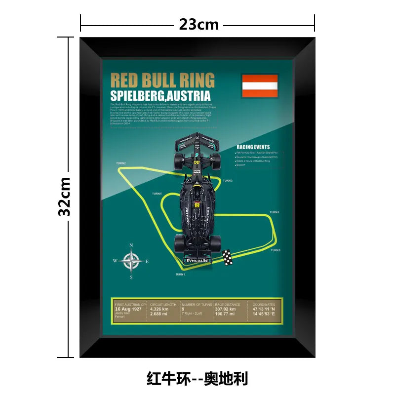 Red Bull Ring Spielberg Austria poster with circuit map and race car illustration in a black frame. Dimensions 32cm x 23cm.