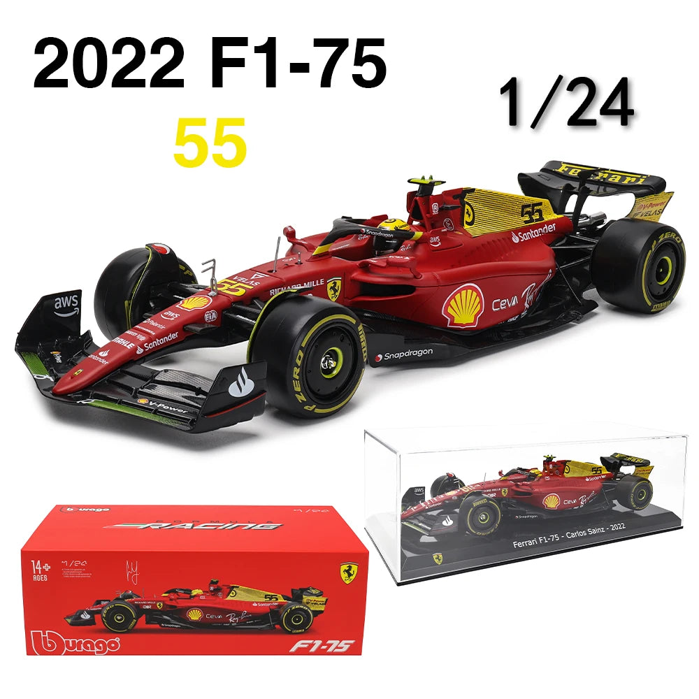 2022 Ferrari F1-75 #55 1/24 scale model car by Bburago, shown with box and display case.