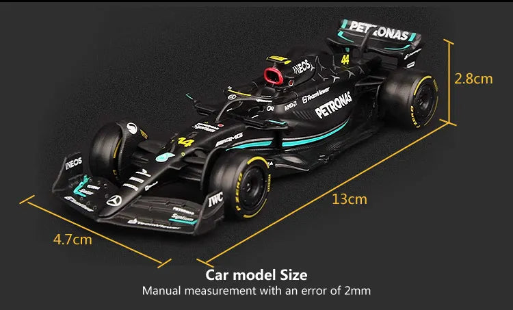 Mercedes-AMG Petronas F1 W13 E Performance #44 diecast model car, showcasing the car's aerodynamic design and sponsor logos.