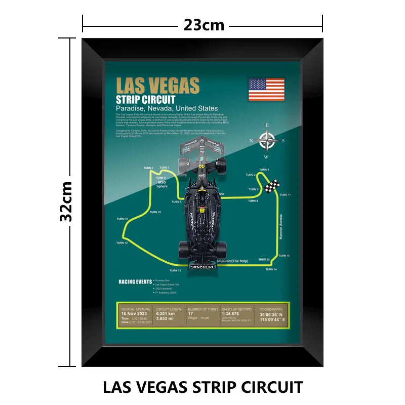Las Vegas Strip Circuit framed poster. Features track map, American flag, and F1 car illustration. 32x23cm.