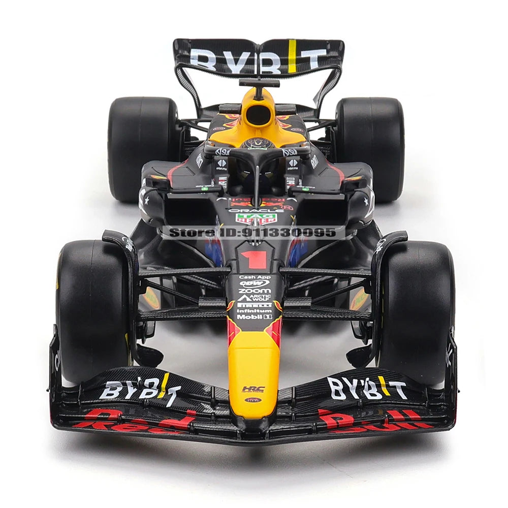 Front view of a Red Bull Racing Formula 1 car, showcasing its aerodynamic design and sponsor logos.