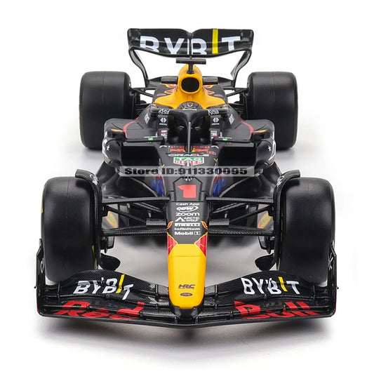 Front view of a Red Bull Racing Formula 1 car, showcasing its aerodynamic design and sponsor logos.
