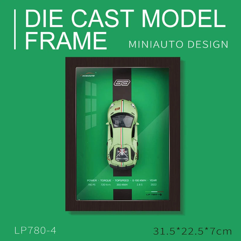 Framed MiniAuto Design die-cast model LP780-4. Features: 780 PS, 720 Nm torque, 355 KM/H topspeed, 2.8s 0-100 KM/H, 2022 year.