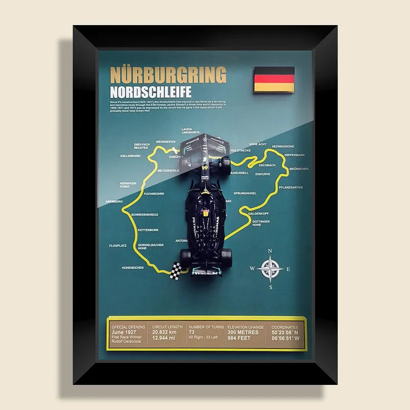 Nürburgring Nordschleife track art with Mercedes F1 car, German flag, and track details. A collector's item for racing fans.
