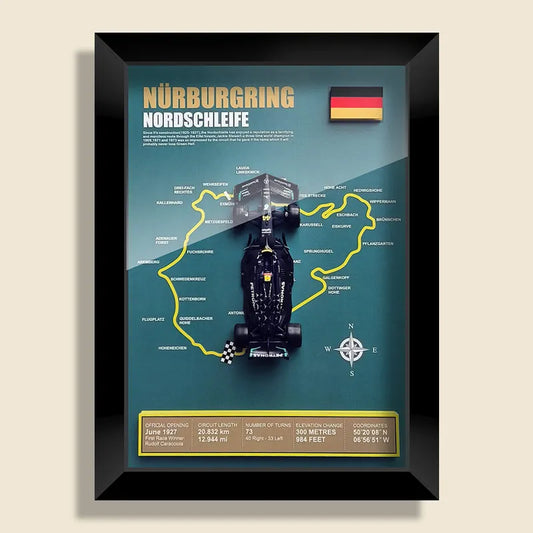 Nürburgring Nordschleife track art with Mercedes F1 car, German flag, and track details. A collector's item for racing fans.