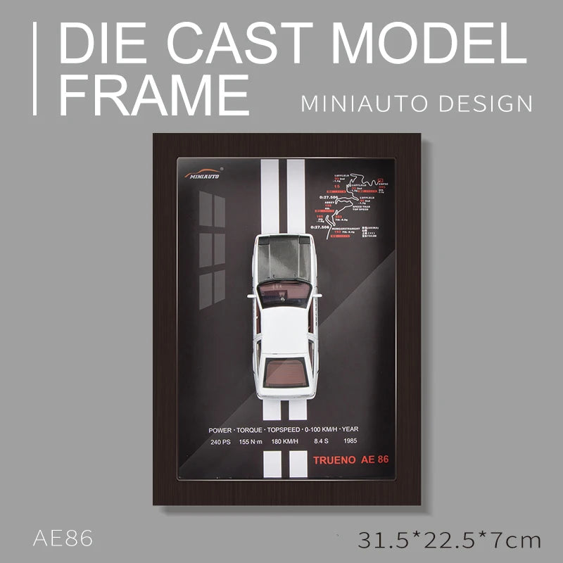 Die-cast model car framed: White Trueno AE86, 1985, specs visible, framed in a wooden frame, MiniAuto design. Collector's item.