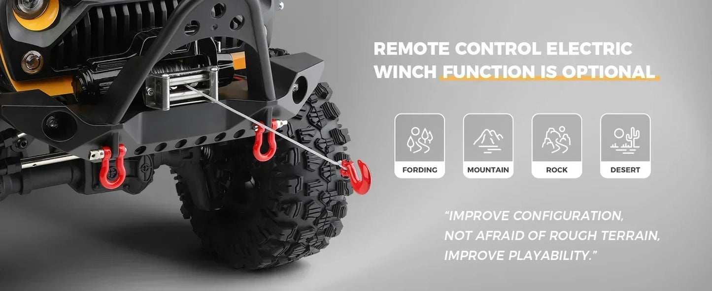 Close-up of RC rock crawler featuring an optional electric winch and red tow hooks, designed for off-road terrain: fording, mountain, rock, desert.