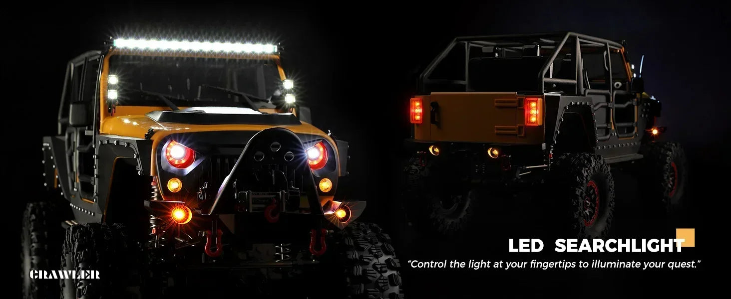 Crawler truck with LED searchlights, front and rear view. Powerful off-road lighting.