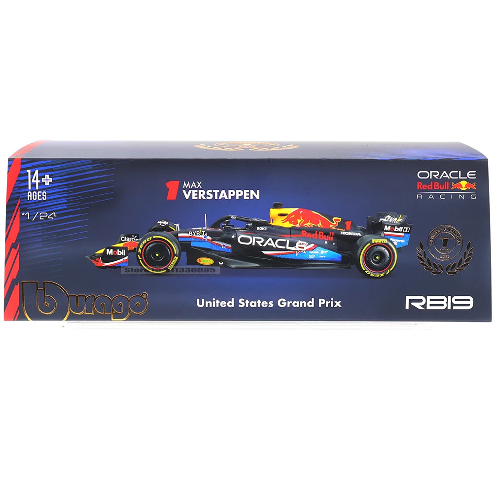 Burago 1/24 scale Max Verstappen Oracle Red Bull Racing RB19 United States Grand Prix model car in box.