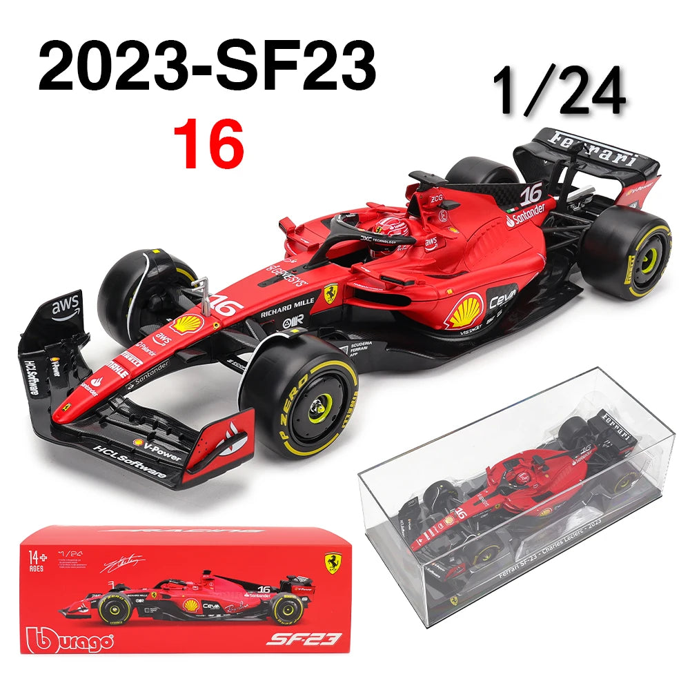 1/24 scale Ferrari SF-23 #16 diecast model car by Bburago. Features detailed design and authentic decals. Display case and box included.
