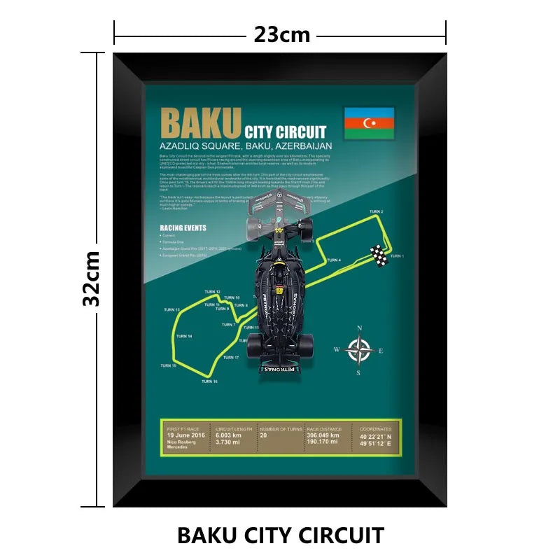 Framed Baku City Circuit poster featuring track layout, race car, Azerbaijan flag, and circuit details.