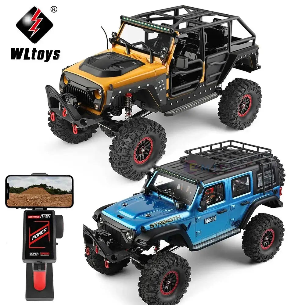 WLtoys RC Crawler Cars: Yellow open-top and blue hard-top off-road remote control jeeps with controller.