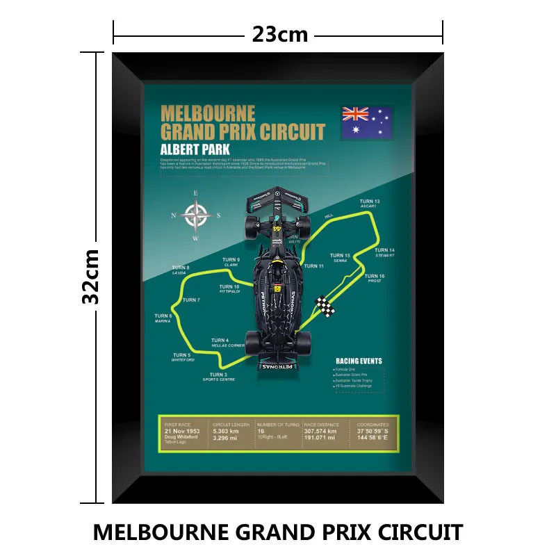 Framed Melbourne Grand Prix Circuit map art print featuring track layout, racing events, and key stats. A great gift.
