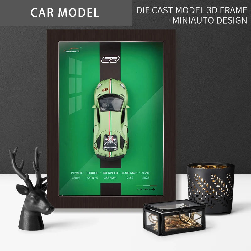 Miniauto Design die-cast 3D framed car model, green LP 780-4. Specs: 780 PS, 720 N m, 355 KM/H, 2.8s 0-100 KM/H, year 2022.