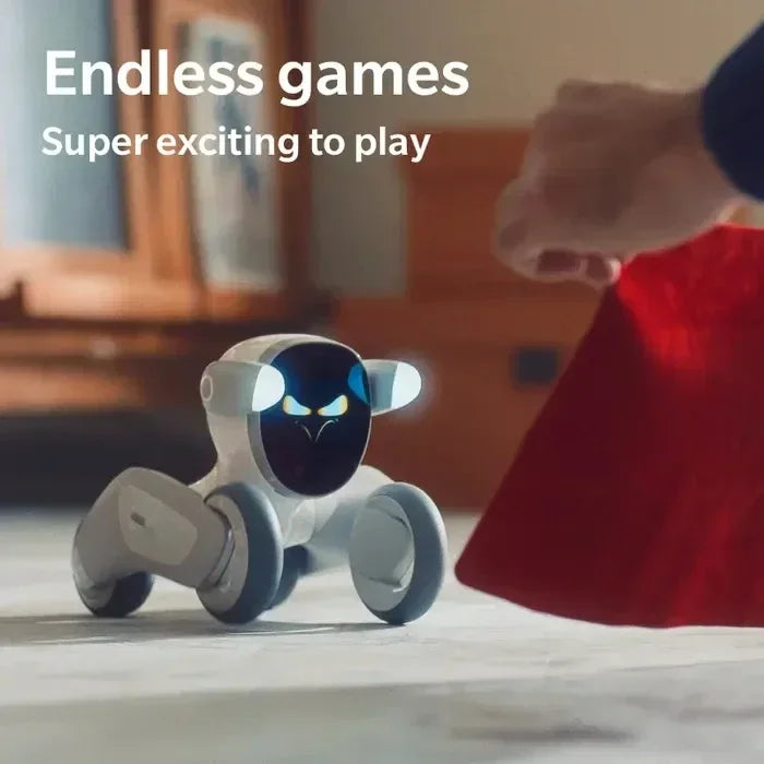 Interactive white robot toy car with animated face and obstacle avoidance.