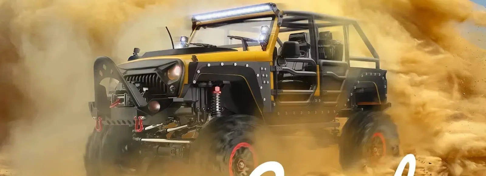 Yellow off-road vehicle driving through a sand storm, featuring a roll cage and large tires.