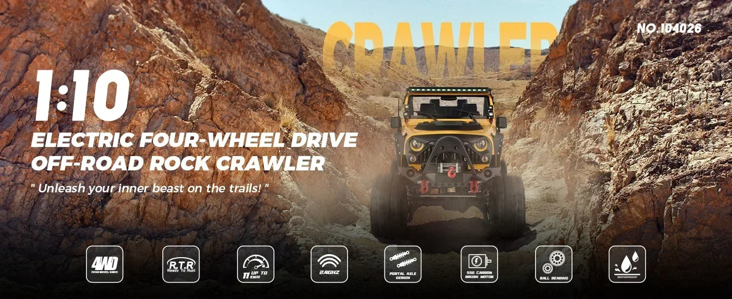 1:10 scale electric four-wheel drive off-road rock crawler toy car. Yellow in color, designed for rough terrain.