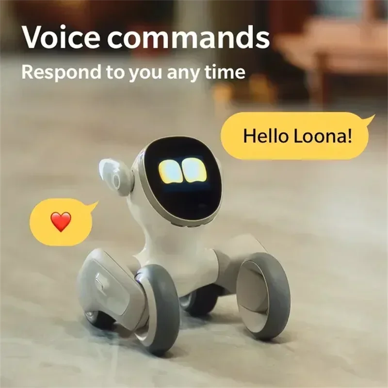 Loona Robot. Interactive AI pet robot with voice command features. Responds with heart emojis and speech bubbles.
